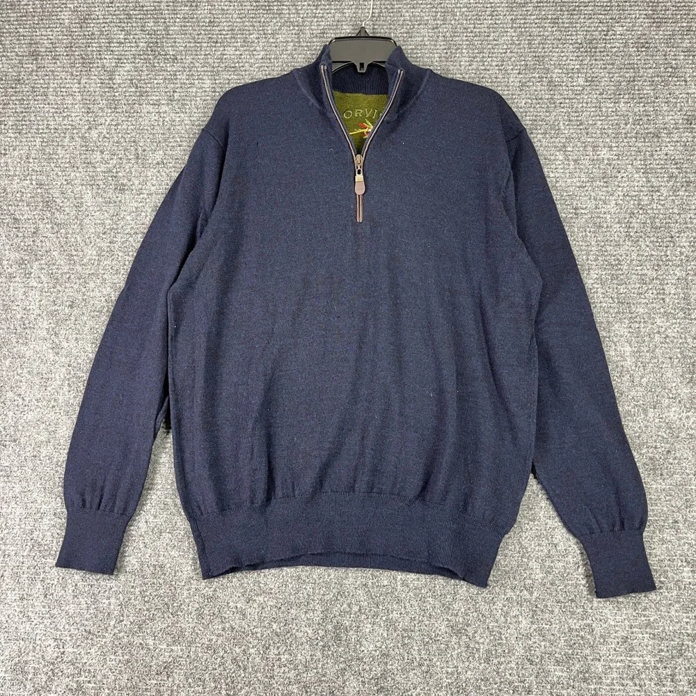 Orvis Quarter Zip Sweater Merino Wool Pullover Navy Ribbed Trim Mock Neck L Mens